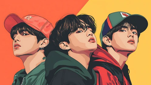 Bold trio portrait set against split orange and yellow backdrop.