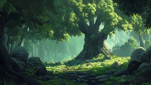 Ancient Forest Clearing with Massive Tree and Sunlit Canopy