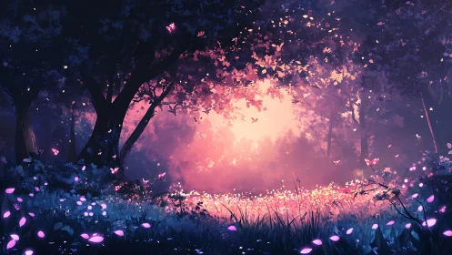 Nocturnal landscape with luminescent flora and atmospheric light diffusion