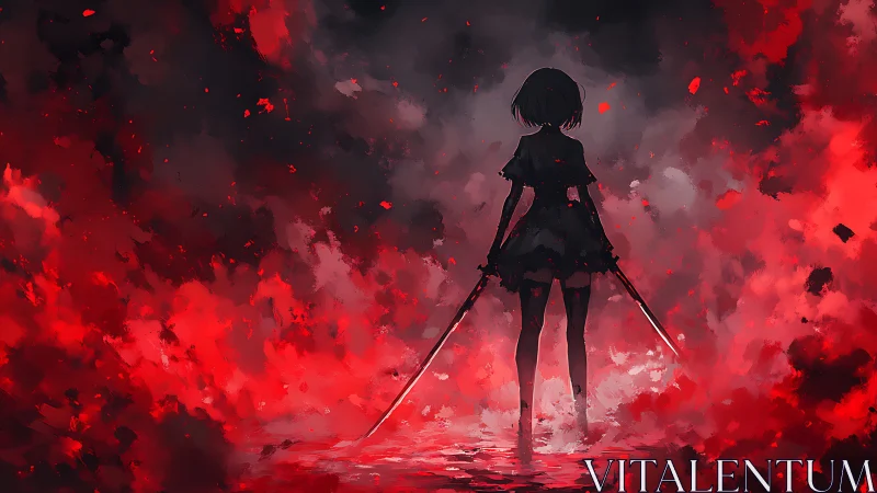 Backlit katana duelist in red particulate combustion field.