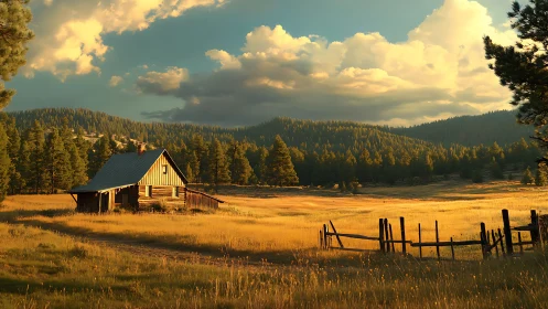 Cabin of golden hush beneath storm-brewing mountain skies.