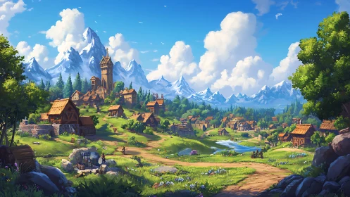 Rural fantasy settlement with mountains and central tower.