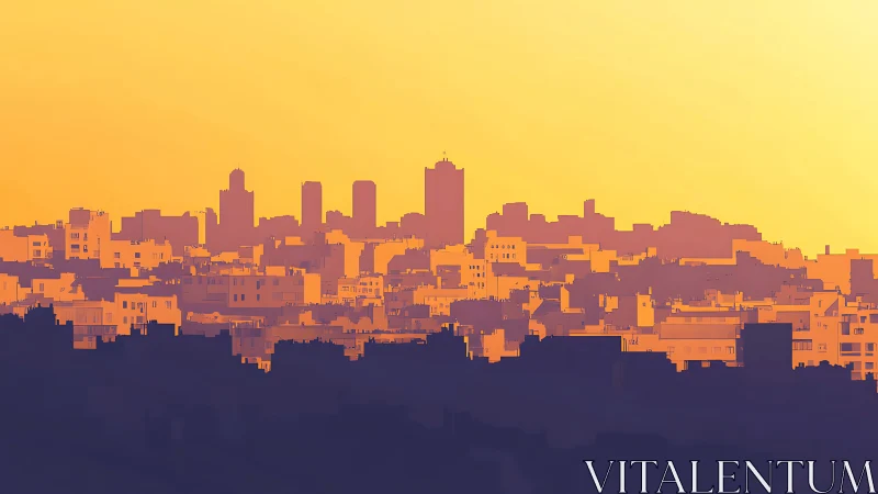Layered urban skyline silhouettes under yellow sky.