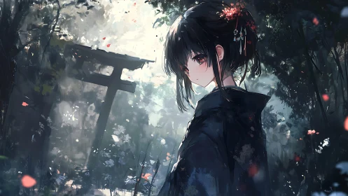 Quiet forest shrine meeting with a watchful anime girl.