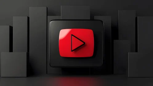 3D YouTube Play Button Icon on Abstract Black Geometric Background.