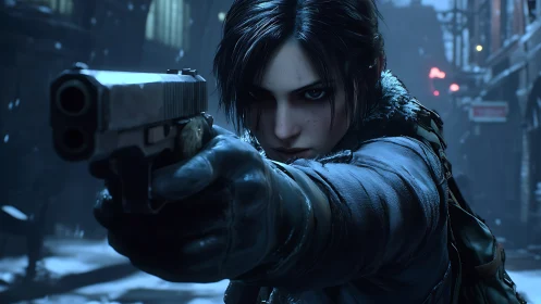 Frostbitten vigilante aiming steel resolve down a neon alley.