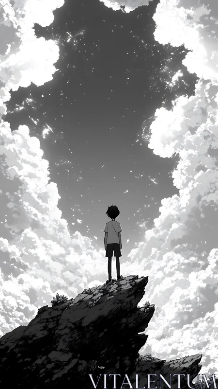 Solitary boy on rocky peak under vast starry sky.