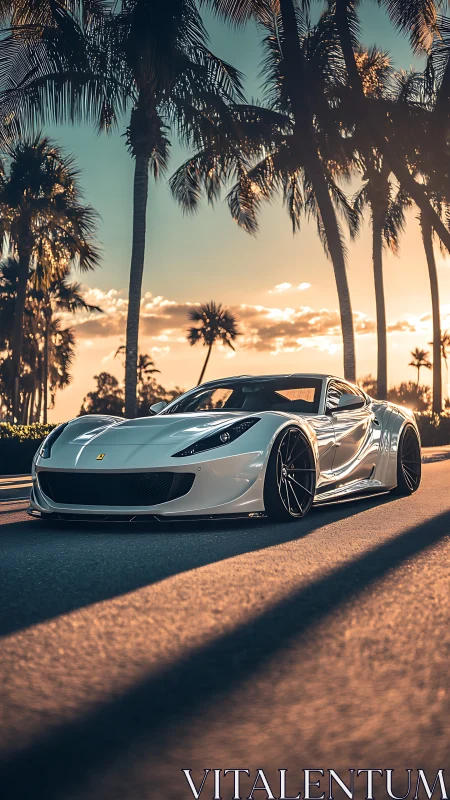 Sunset boulevard supercar prowls beneath lazy palm shadows.