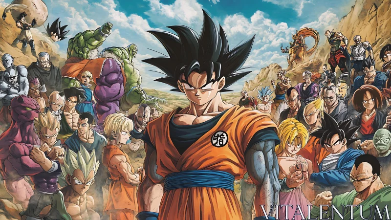 Central martial artist stands before large anime battle group