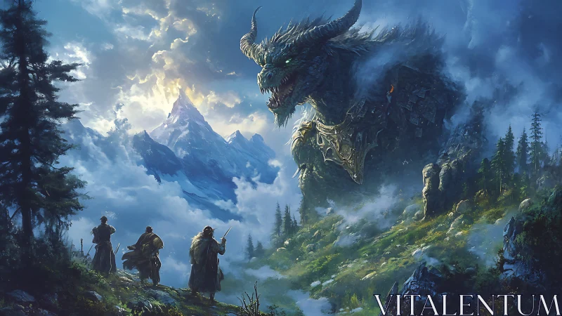 Giant armored dragon confronting three travelers in mountains