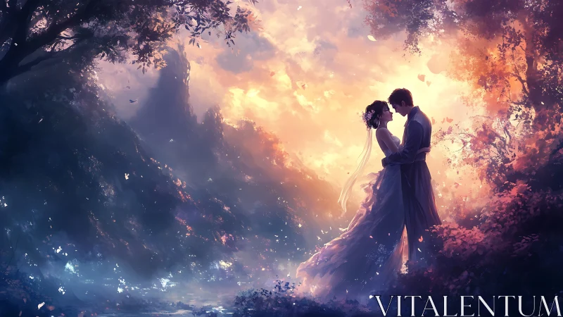 Luminescent fantasy couple embracing within incandescent forest canyon environment