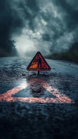 Warning sign glows on wet road under storm-heavy sky.
