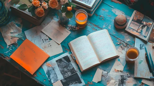 Vintage journal workspace on distressed teal desk.