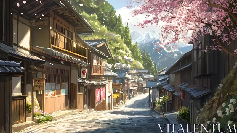 Sunlit mountain village street lined with wooden houses
