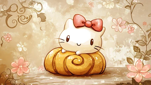 Hello Kitty Perched on Golden Croissant with Floral Background Illustration