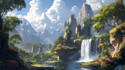 Spectral alpine valley with tiered waterfalls and lush overstory.