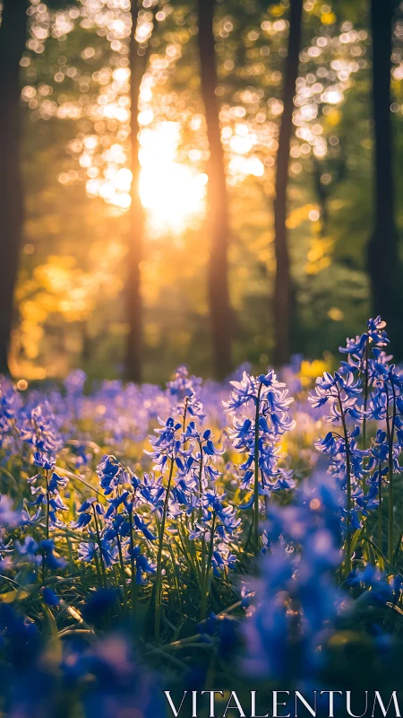 Forest Bluebell Meadow at Sunset.