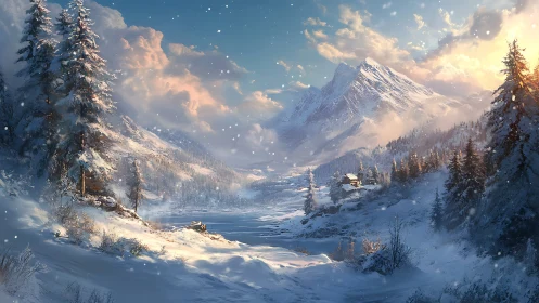 Golden hush over a tranquil winter mountain valley.