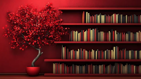 Red bonsai and bold bookshelf create dramatic reading corner