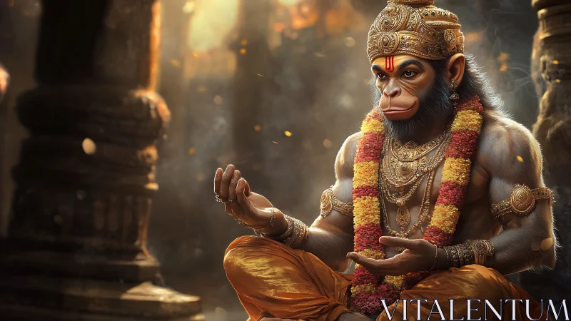 Simian humanoid figure sits cross legged in ornate temple space