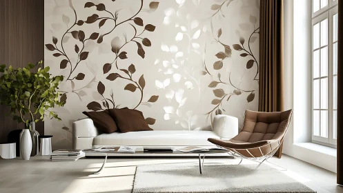 Modern living room with leaf-pattern wall and neutral seating.