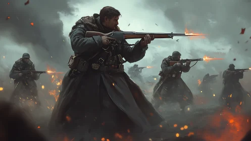 Storming infantry line in cinematic digital war tableau.