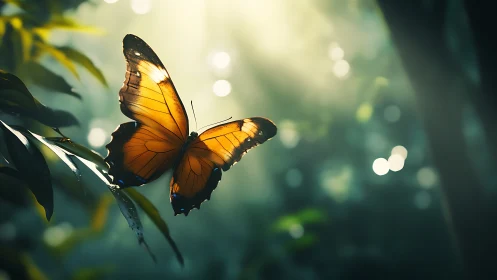 Golden forest butterfly glides gently through soft morning light