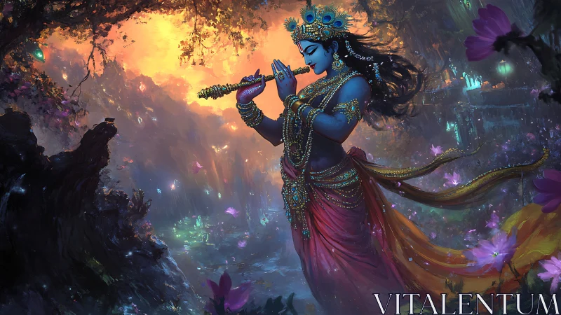 Divine blue flutist in jeweled attire amid luminous forest