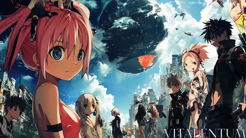 Postcollapse anime cityscape with fractured orbital megasphere.