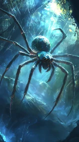 Bioluminescent cavern arachnid under refracted lumen cascade.