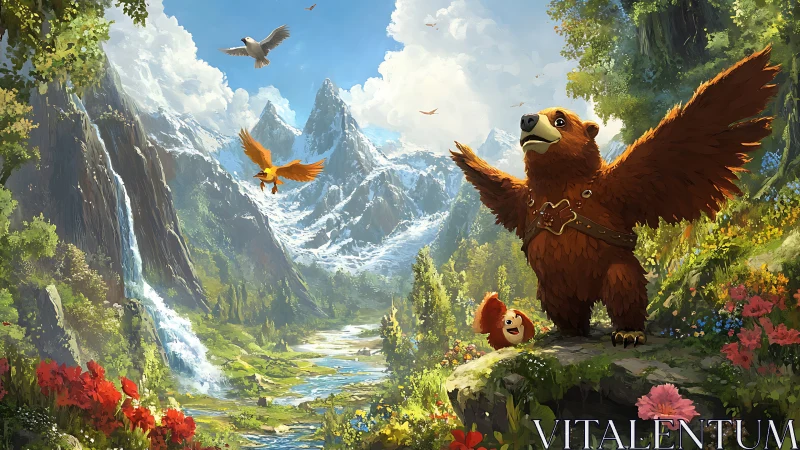 Winged bear guardians over lush alpine fantasy valley.