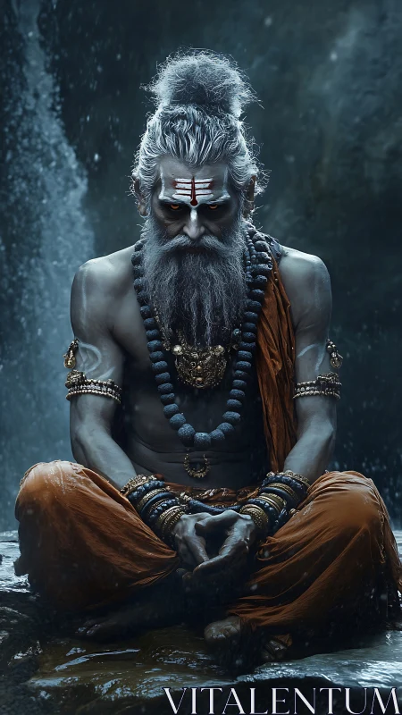 Digital painting of ascetic sage in rain-soaked meditation focus.