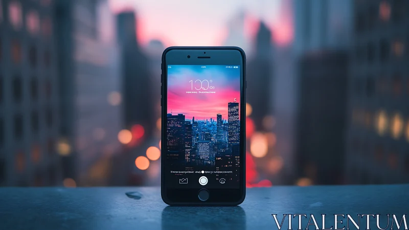 Smartphone displaying cityscape at dusk with time display interface