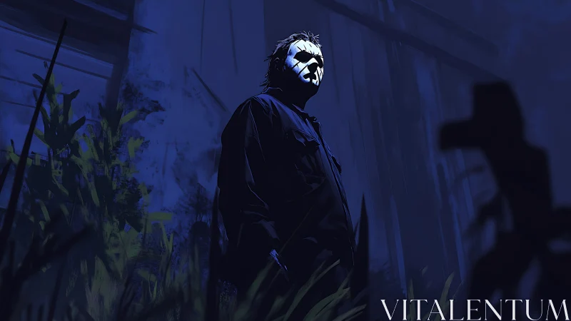 Masked figure in nocturnal yard, low-angle horror lighting study