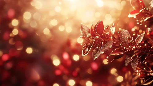 Macro bokeh study of glittered red holiday foliage in sunlight