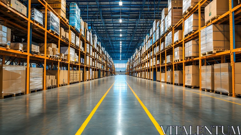 Endless warehouse corridor glows with geometric order and light.