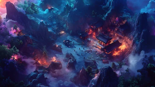 Mountain village under attack in vivid fantasy night scene.