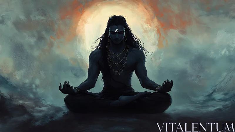 Meditative deity silhouette within turbulent luminous halo field.