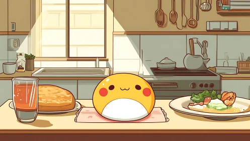 Cheerful breakfast buddy brightening a cozy kitchen table.