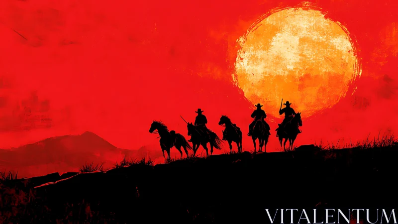 Riders on horseback crossing ridge under large red sun.
