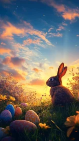 Gentle spring bunny watching a glowing Easter sunrise.