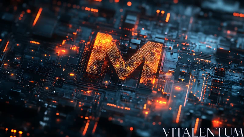 Glowing letter M integrated into futuristic PCB microcircuitry