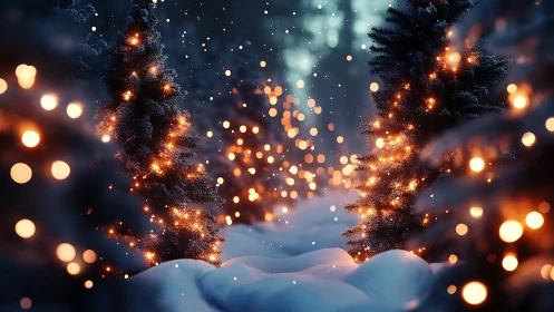 Snowy forest glows with warm festive Christmas tree lights
