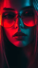 Neon bicolor portrait isolates reflective glasses and lips