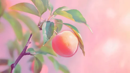 Ripe peach hangs from branch against soft pastel bokeh glow