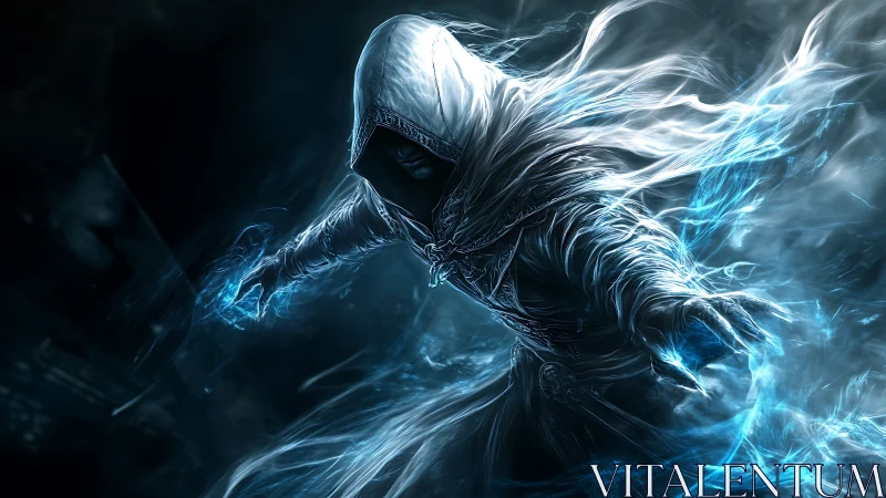 Hooded spectral mage unleashes swirling blue energy storm