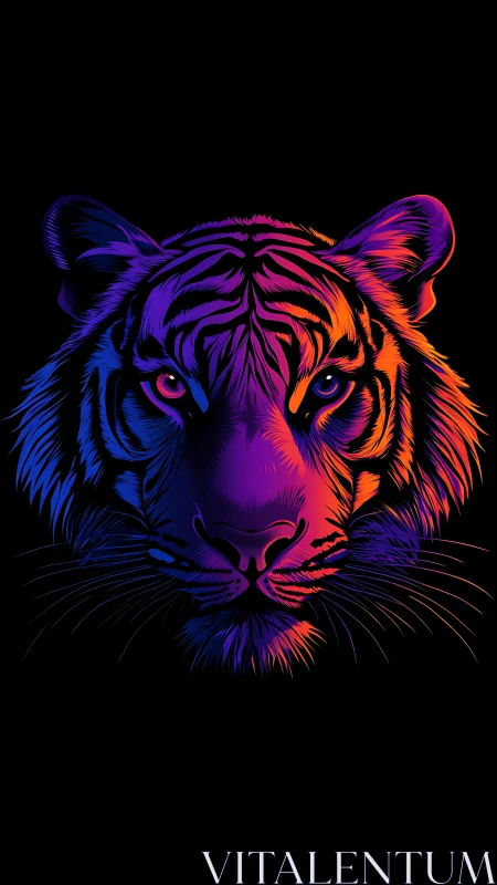 Neon gradient tiger portrait uses radial lighting and vector strokes