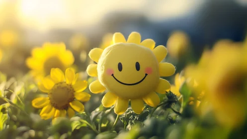 Smiling sunny face toy amid glowing yellow flowers at dawn.