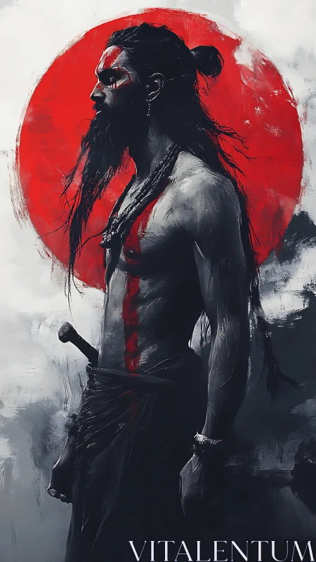 Warrior profile before red sun with vertical blood markings