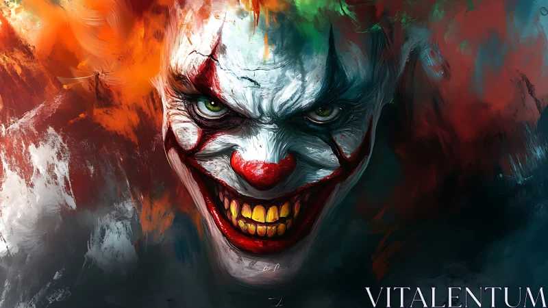 Sinister clown portrait with fiery abstract color field.